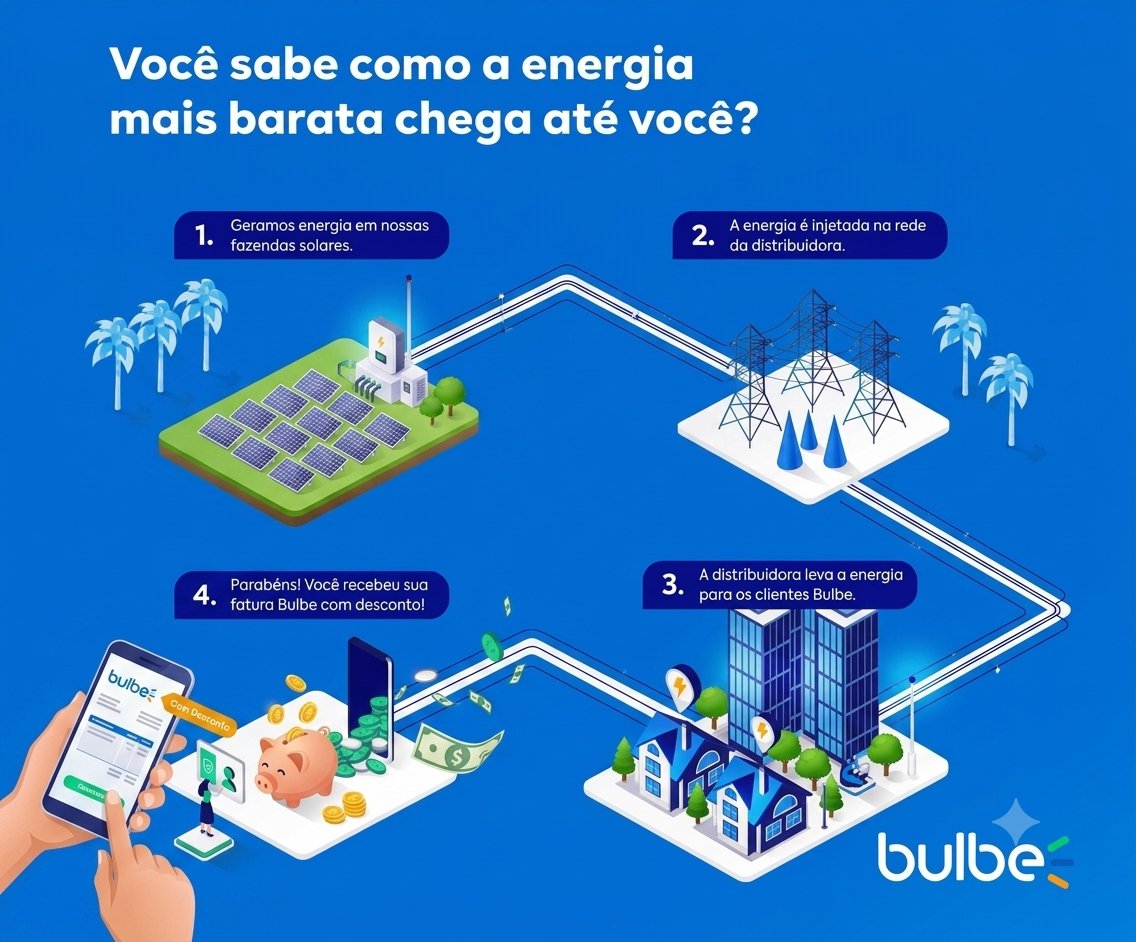 Passo a passo: 1) Geramos energia em nossas fazendas solares. 2) A energia é injetada na rede da distribuidora. 3) A distribuidora leva a energia para os clientes Bulbe. 4) Você recebe sua fatura Bulbe com desconto.